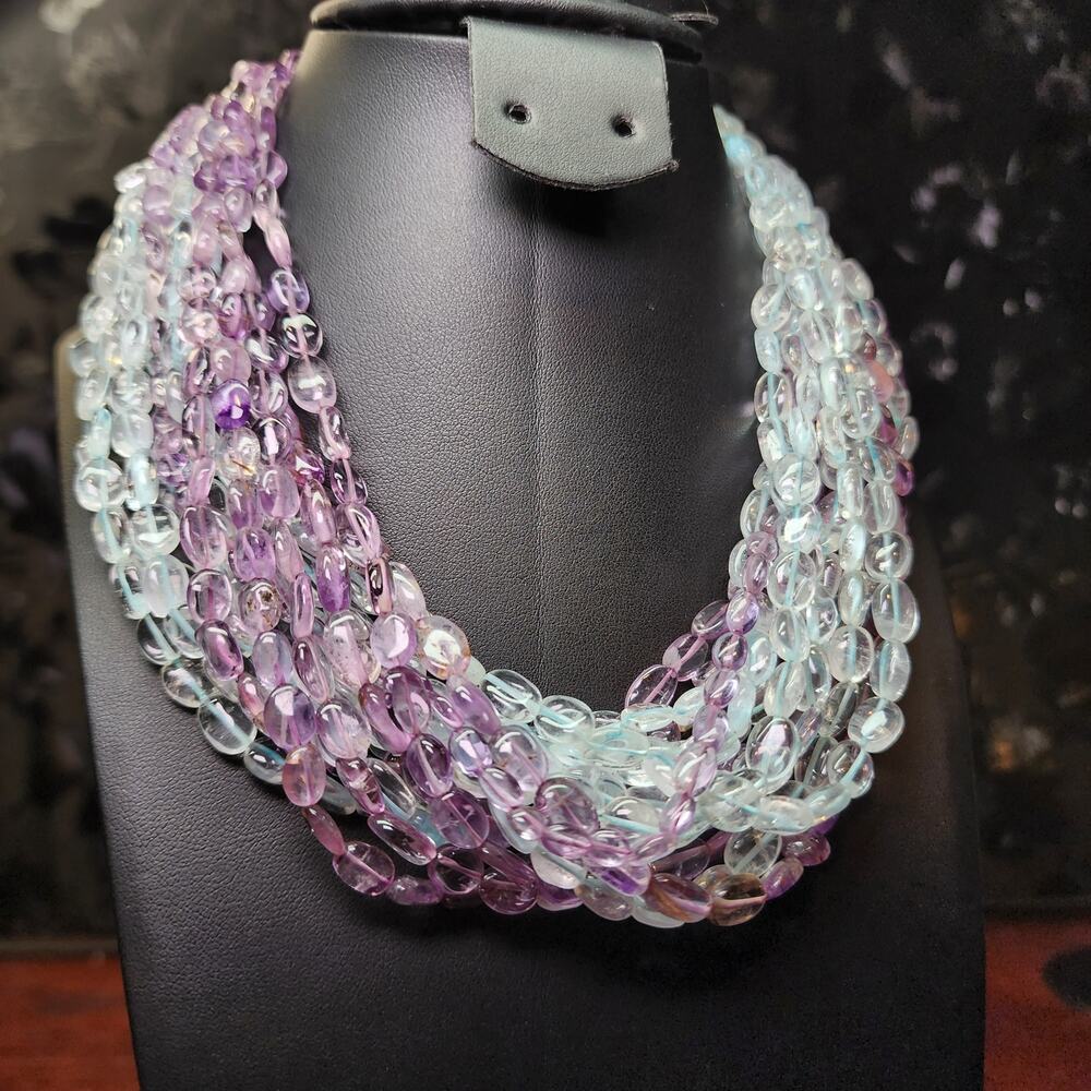 Vtg Amethyst Aquamarine Gemstone Necklace Purple Blue 14 Multistrand 16" - Picture 9 of 9